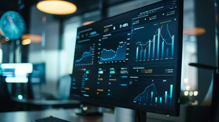 Close-up of a computer monitor showing business trend graphs and quarterly performance.の素材
