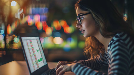 Businesswoman reviewing market trends and economic indicators on a laptop screen.の素材