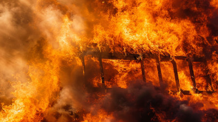Close-up of flames engulfing a wooden structure in a raging fire.の素材