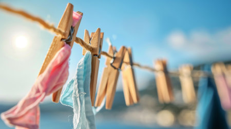 Close-up of clothespins on a clothesline with laundry blowing in the wind.の素材
