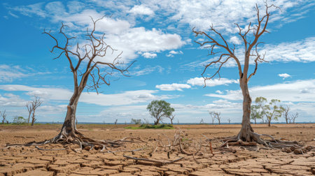 Barren landscape with dead trees and cracked earth, illustrating the devastation of drought.の素材