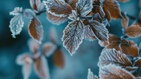 Close-up of frost-covered leaves, showcasing the beauty of winter details.の素材