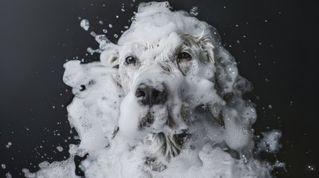 Dog covered in a blanket of bubbles, looking like a fluffy, bubbly cloud.の素材