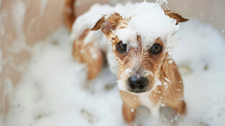 Dog with a playful expression, covered in foam from head to tail during bath time.の素材