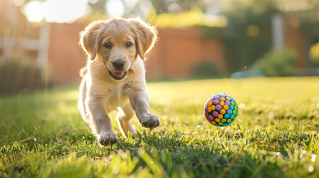 Cute puppy playing with a colorful ball in a sunny backyard, capturing a moment of joy and energy.の素材