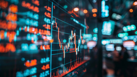 Digital screen showing real-time stock market prices and fluctuating graphs at a trading desk.の素材