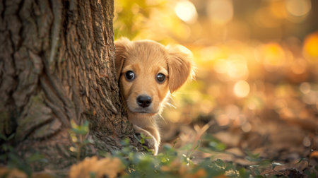 Cute puppy peeking out from behind a tree, playing a game of hide and seek.の素材