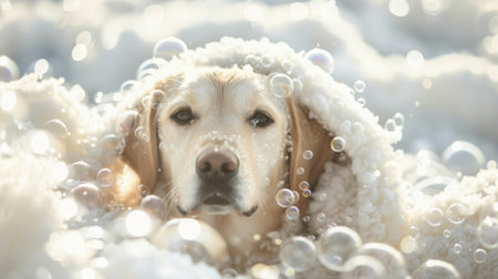 Dog covered in a blanket of bubbles, looking like a fluffy, bubbly cloud.の素材