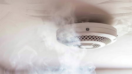 Close-up of smoke detector activated with visible smoke in a home interior.の素材