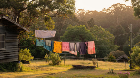 Clothes drying on a traditional outdoor clothesline in a rural setting.の素材