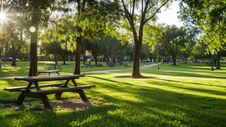 Community park with green grass lawns, benches, and shaded trees for relaxation.の素材