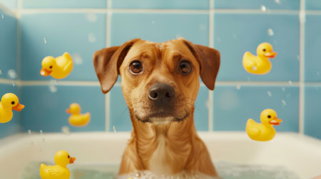 Dog in a bathtub with rubber duckies floating around, creating a cute and fun bath time scene.の素材