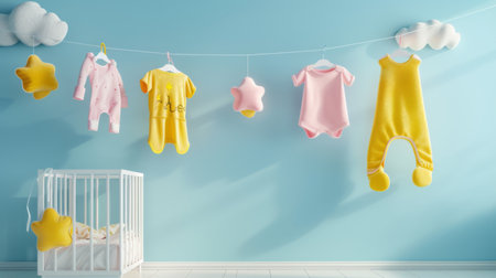 Clothesline with baby clothes drying in a nursery room.の素材
