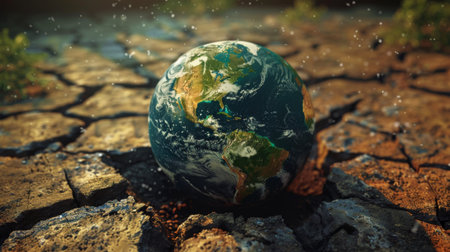 Conceptual image of Earth with cracked surface symbolizing climate crisis and urgent need for solutions.の素材