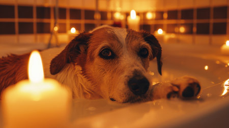 Dog enjoying a relaxing bath with candles and soft lighting, looking pampered and at ease.の素材