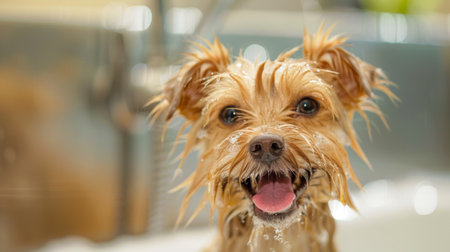 Dog with wet fur and a happy smile, enjoying the pampering of a bath.の素材