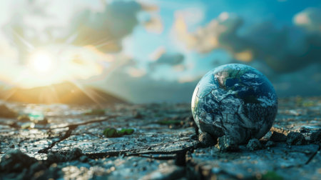 Conceptual image of Earth with cracked surface symbolizing climate crisis and urgent need for solutions.の素材