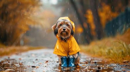 Dog wearing a raincoat and boots, ready for a walk on a rainy day with a playful attitude.の素材