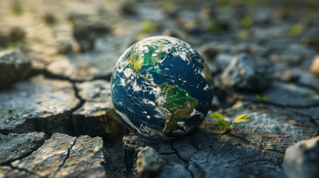 Conceptual image of Earth with cracked surface symbolizing climate crisis and urgent need for solutions.の素材