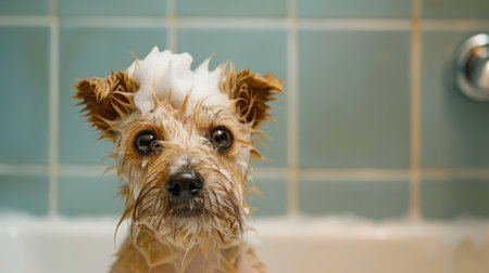 Dog standing in a tub with a shampoo mohawk, looking both silly and adorable.の素材