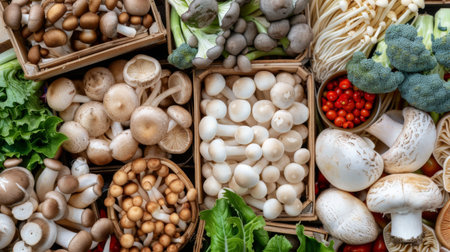 Colorful array of fresh mushrooms and greens for vegetarian hot pot cooking.の素材