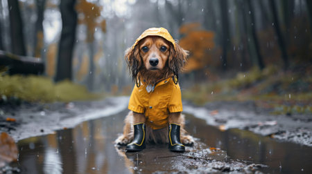 Dog wearing a raincoat and boots, ready for a walk on a rainy day with a playful attitude.の素材