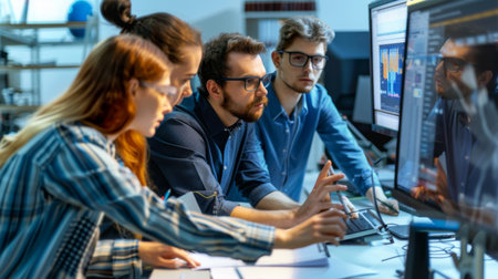 Engineers brainstorming and problem-solving together around a computer screen in a team meeting.の素材