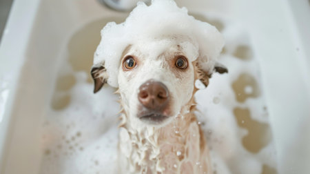 Dog with a playful expression, covered in foam from head to tail during bath time.の素材