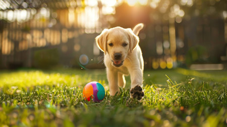 Cute puppy playing with a colorful ball in a sunny backyard, capturing a moment of joy and energy.の素材