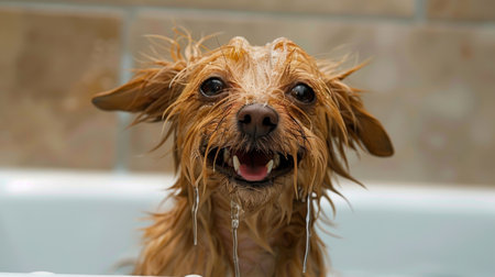 Dog with wet fur and a happy smile, enjoying the pampering of a bath.の素材