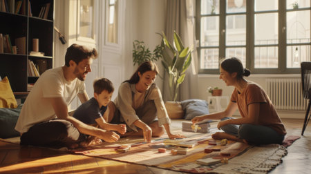 Family relaxing in a spacious living room, playing board games on a comfortable rug.の素材