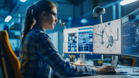 Female engineer working on a CAD design on a computer screen in a modern workspaceの素材