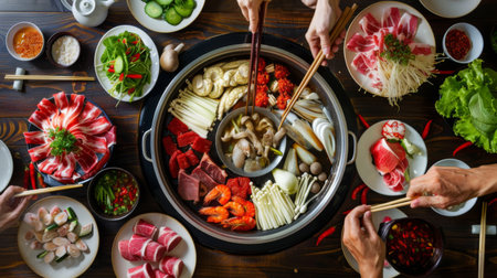 Family enjoying a hot pot meal with a variety of fresh vegetables and thinly sliced meats.の素材