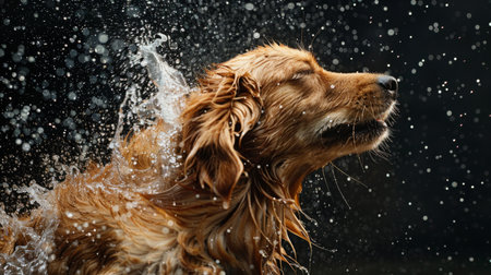 Dog shaking off water in mid-air, creating a splash effect with droplets flying everywhere.の素材