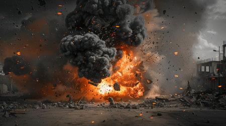 Fiery explosion at a construction site, sending smoke and debris into the air.の素材