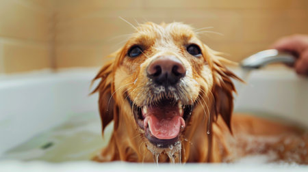 Dog with wet fur and a happy smile, enjoying the pampering of a bath.の素材