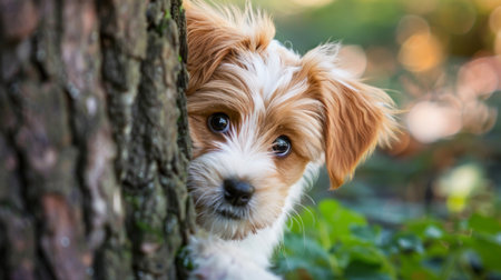 Cute puppy peeking out from behind a tree, playing a game of hide and seek.の素材