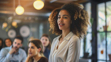 Entrepreneurial woman pitching her innovative idea to investors in a startup incubator.の素材