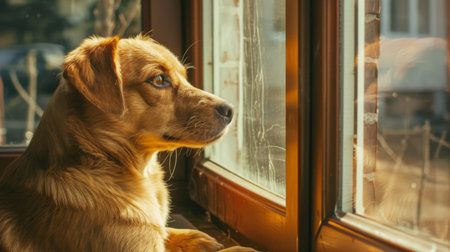 Dog sitting by a window, watching the world outside with a calm and content expression.の素材