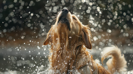 Dog shaking off water in mid-air, creating a splash effect with droplets flying everywhere.の素材