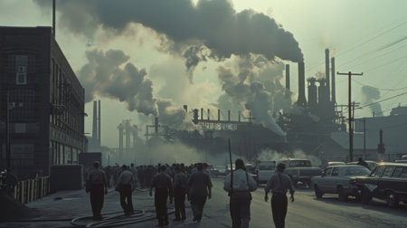 Factory workers evacuating during a fire drill with smoke visible in the background.の素材
