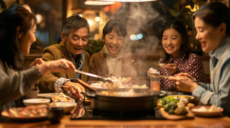 Family dining together at a hot pot restaurant, enjoying interactive cooking experience.の素材