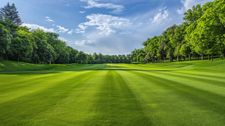Golf course fairway lined with neatly trimmed grass, leading to the next hole.の素材