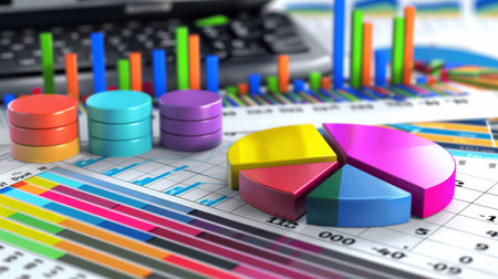Financial report with pie charts and bar graphs showing revenue and expenses breakdown.の素材