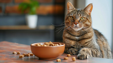 Overweight tabby cat sitting contentedly beside a bowl of cat treats, ready to eat.の素材