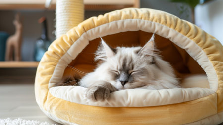 Fluffy cat dozing off inside a cozy cat bed, nestled within a stylish cat house.の素材