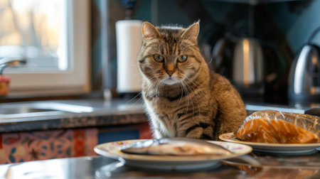 Funny overweight cat sitting on a kitchen counter next to a half-eaten plate of fish.の素材