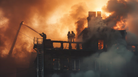 Firefighters rescuing trapped individuals from a burning building amid thick smoke.の素材