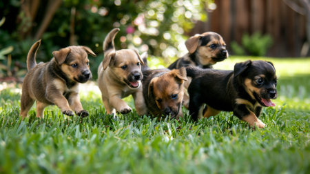 Group of puppies playing together in a grassy backyard, filled with playful energy and joy.の素材
