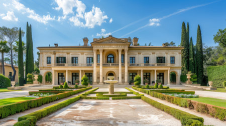 Grand mansion exterior with a sweeping driveway and manicured gardens, under a blue sky.の素材
